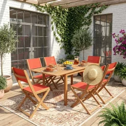Conjunto de jardim com mesa extensível em madeira de eucalipto com 6 cadeiras