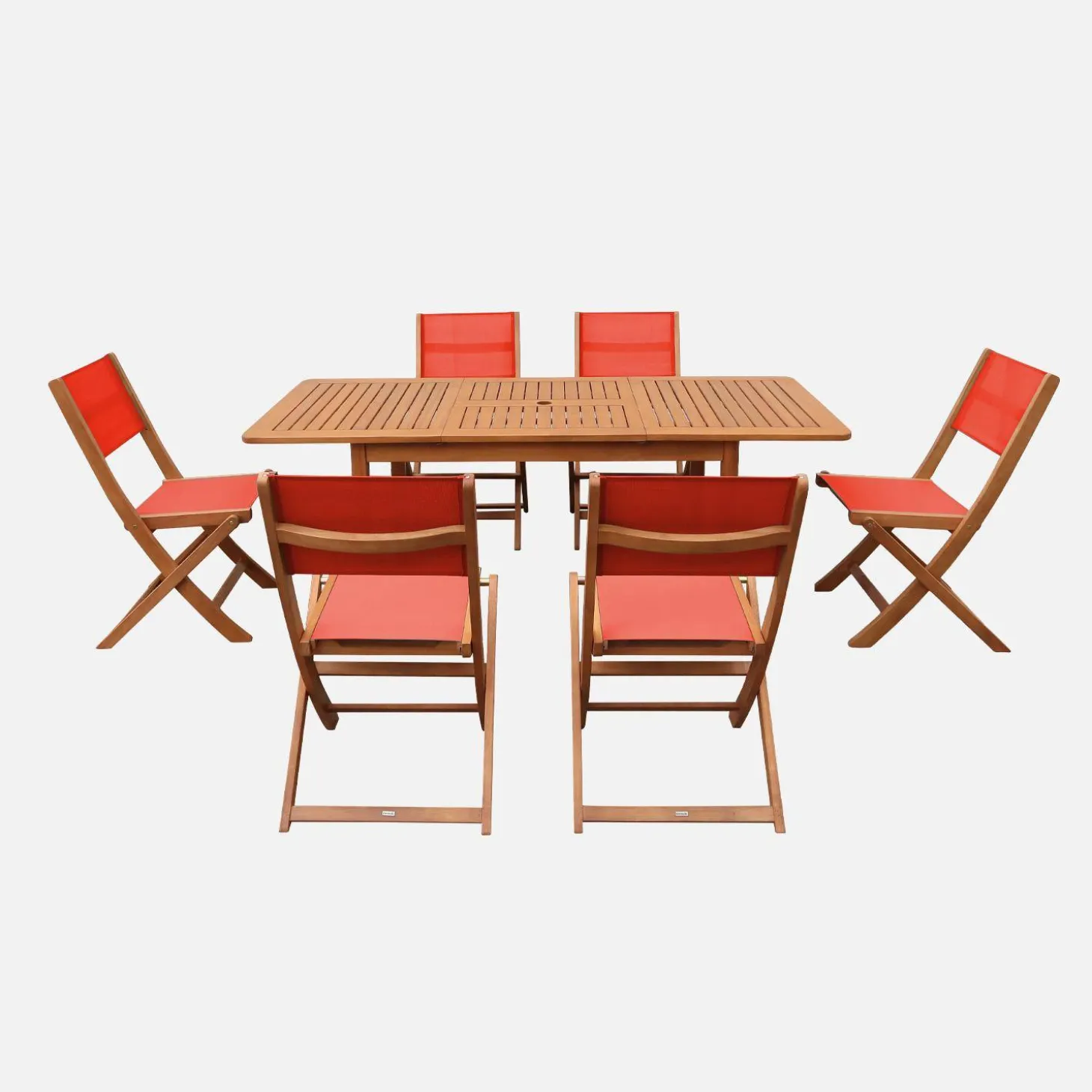 Conjunto de jardim com mesa extensível em madeira de eucalipto com 6 cadeiras
