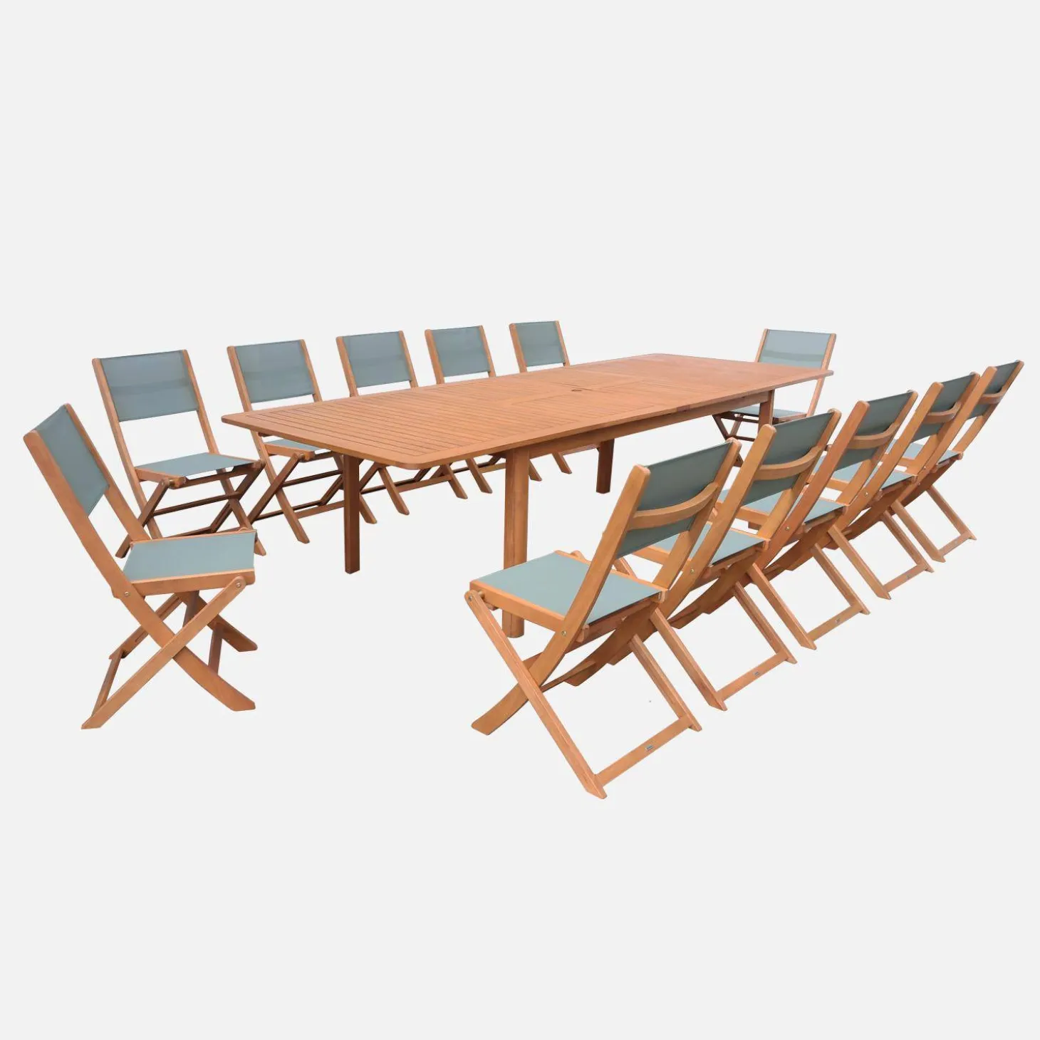Conjunto de jardim com mesa extensível em madeira de eucalipto com 12 cadeiras