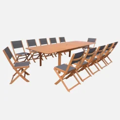Conjunto de jardim com mesa extensível em madeira de eucalipto com 12 cadeiras