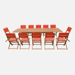 Conjunto de jardim com mesa extensível em madeira de eucalipto com 12 cadeiras