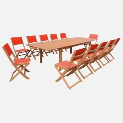 Conjunto de jardim com mesa extensível em madeira de eucalipto com 12 cadeiras