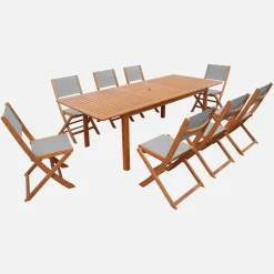Conjunto de jardim com mesa extensível em madeira de eucalipto com 8 cadeiras