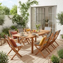 Conjunto de jardim com mesa extensível em madeira de eucalipto com 8 cadeiras