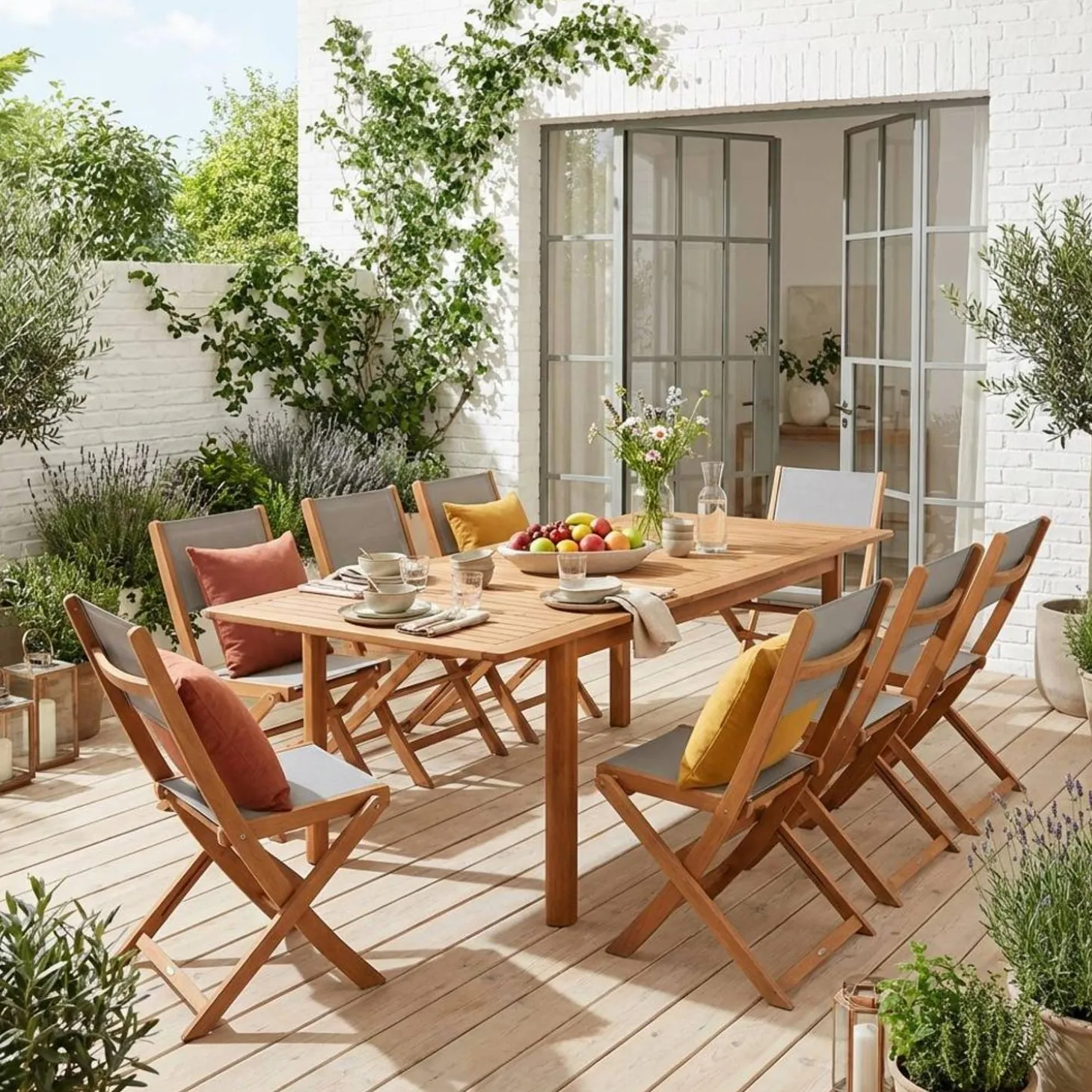 Conjunto de jardim com mesa extensível em madeira de eucalipto com 8 cadeiras