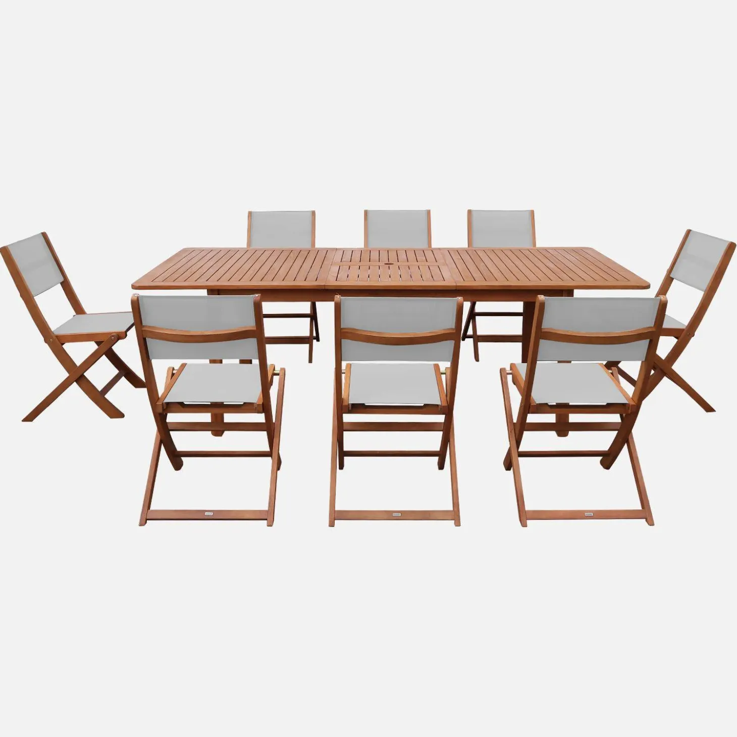 Conjunto de jardim com mesa extensível em madeira de eucalipto com 8 cadeiras