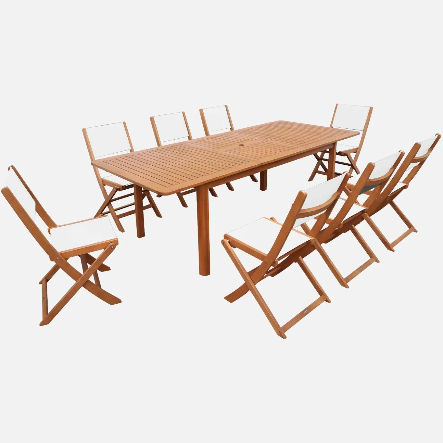 Conjunto de jardim com mesa extensível em madeira de eucalipto com 8 cadeiras