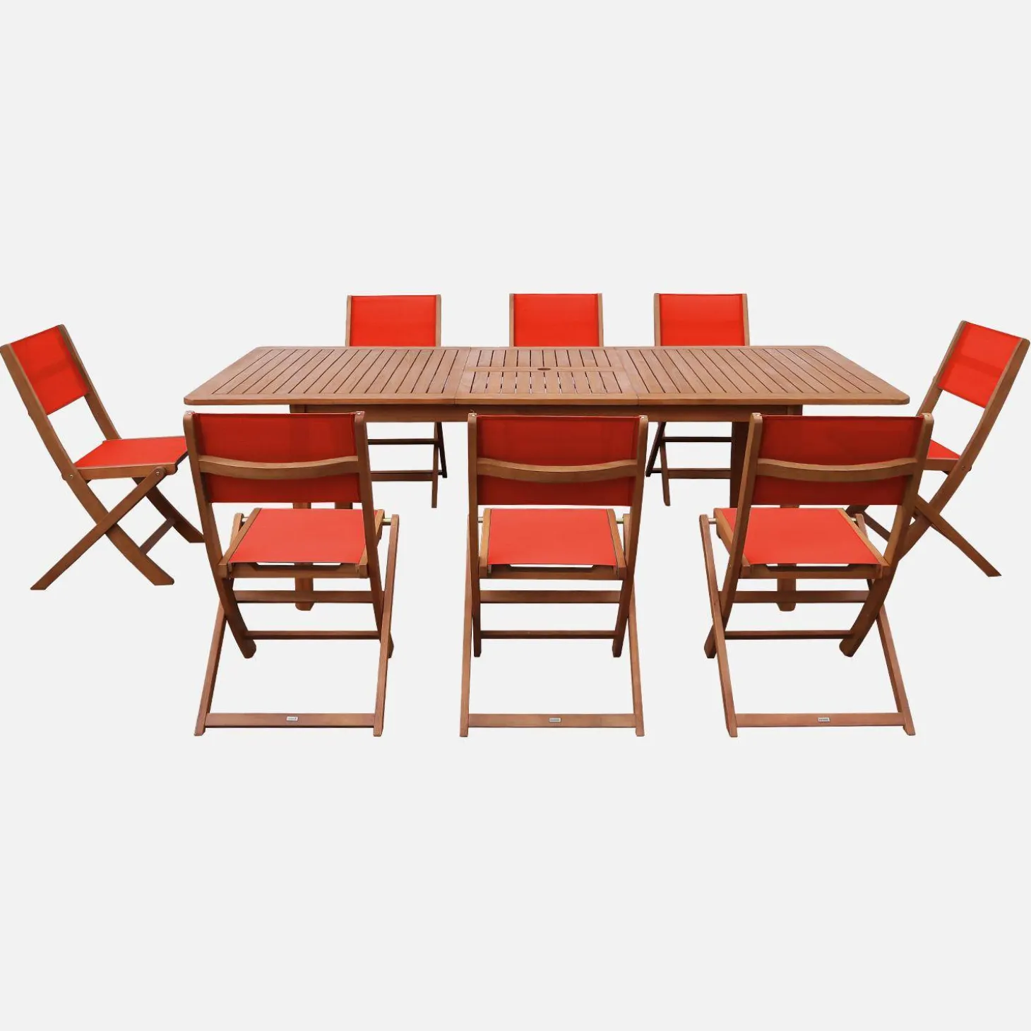 Conjunto de jardim com mesa extensível em madeira de eucalipto com 8 cadeiras