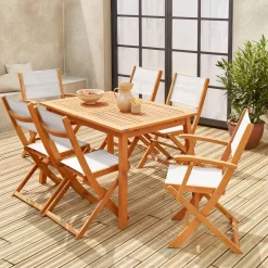 Conjunto de jardim com mesa extensível em madeira com 6 cadeiras