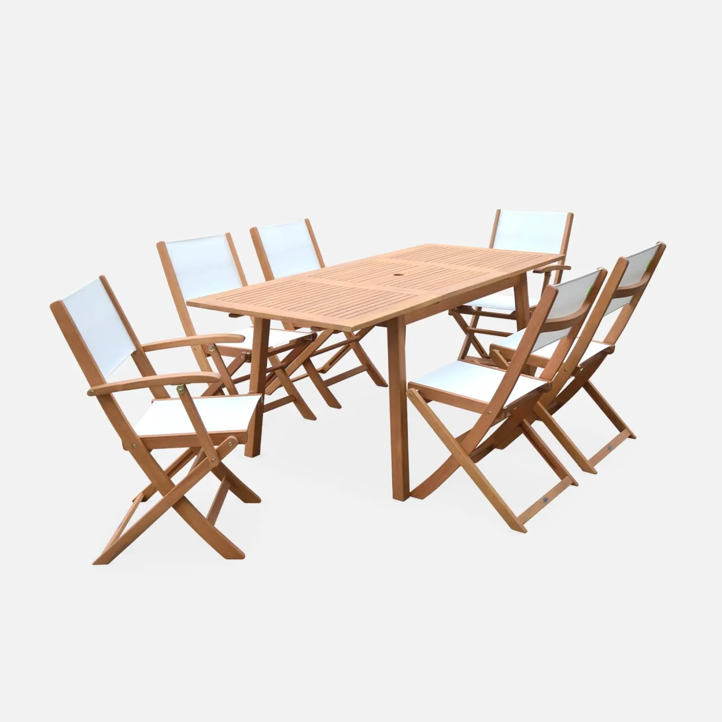 Conjunto de jardim com mesa extensível em madeira com 6 cadeiras
