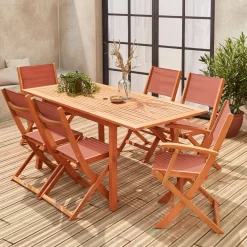 Conjunto de jardim com mesa extensível em madeira com 6 cadeiras