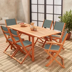 Conjunto de jardim com mesa extensível em madeira com 6 cadeiras