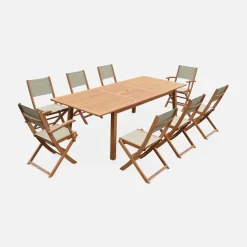 Conjunto de jardim com mesa extensível em madeira com 8 cadeiras