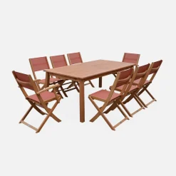 Conjunto de jardim com mesa extensível em madeira com 8 cadeiras