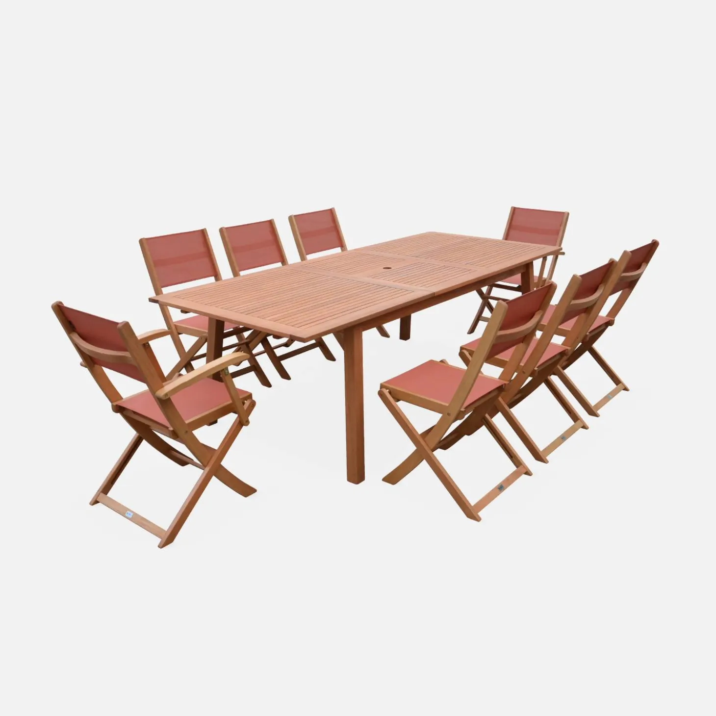 Conjunto de jardim com mesa extensível em madeira com 8 cadeiras