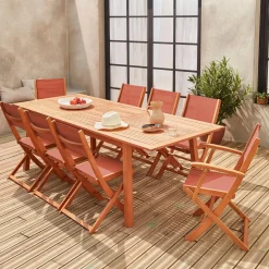 Conjunto de jardim com mesa extensível em madeira com 8 cadeiras