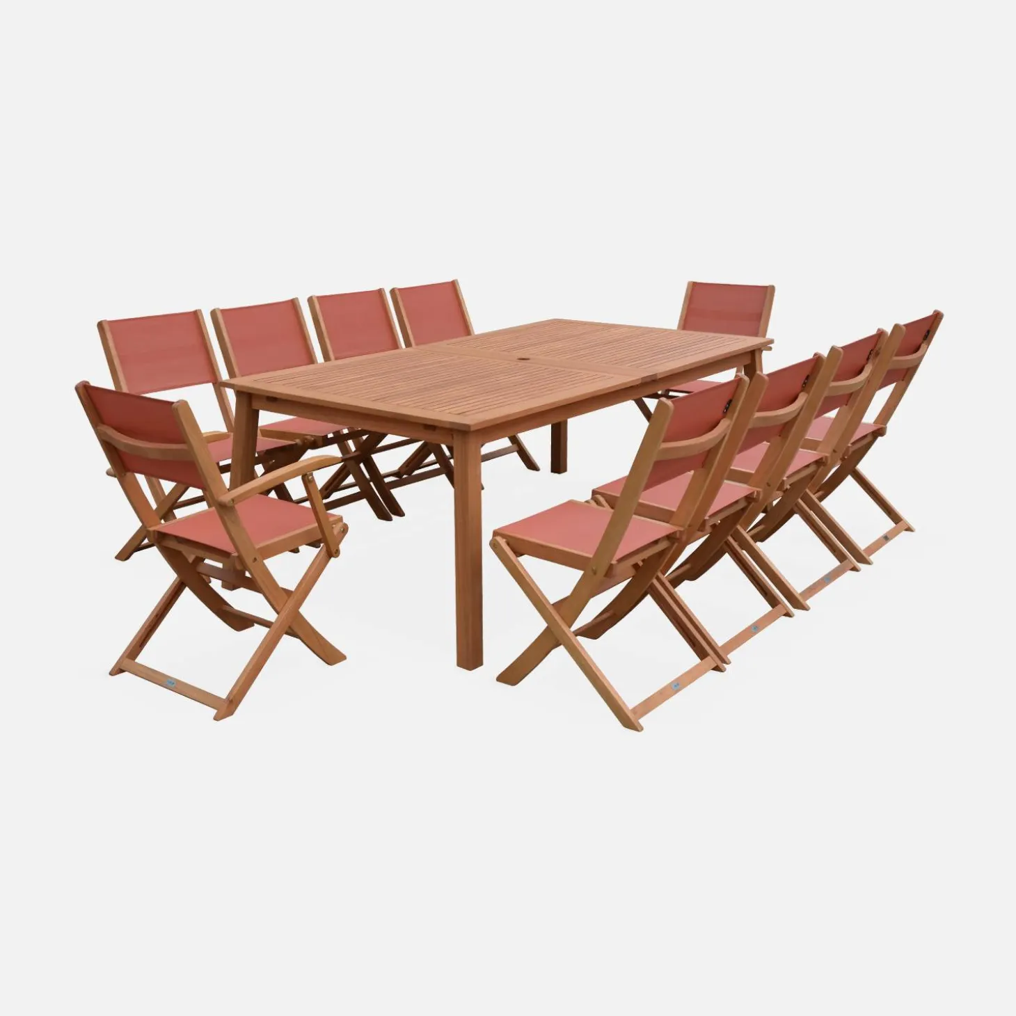 Conjunto de jardim com mesa extensível em madeira com 10 cadeiras