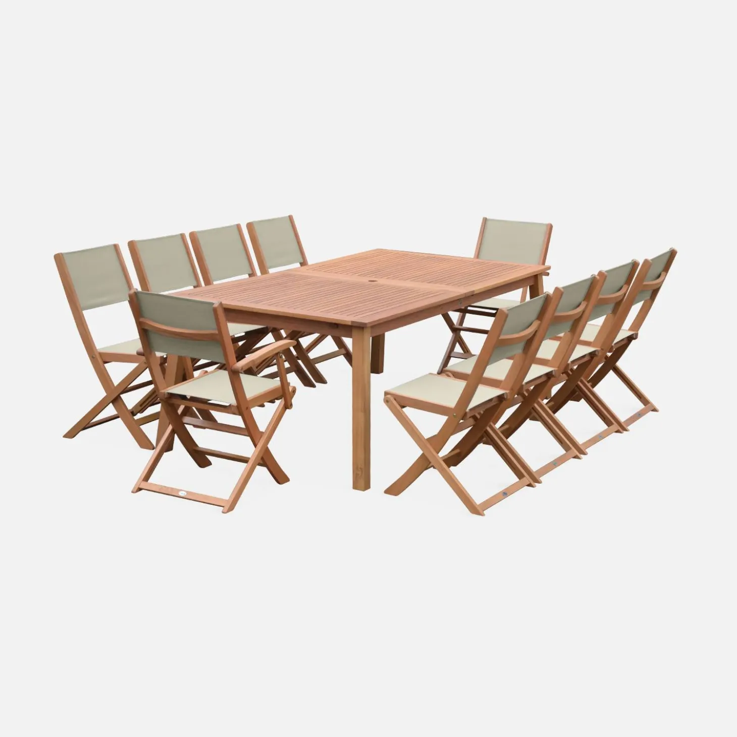 Conjunto de jardim com mesa extensível em madeira com 10 cadeiras