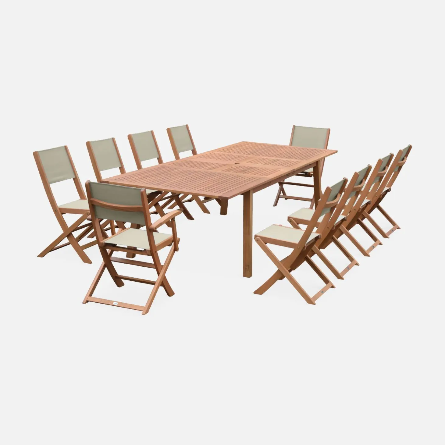 Conjunto de jardim com mesa extensível em madeira com 10 cadeiras