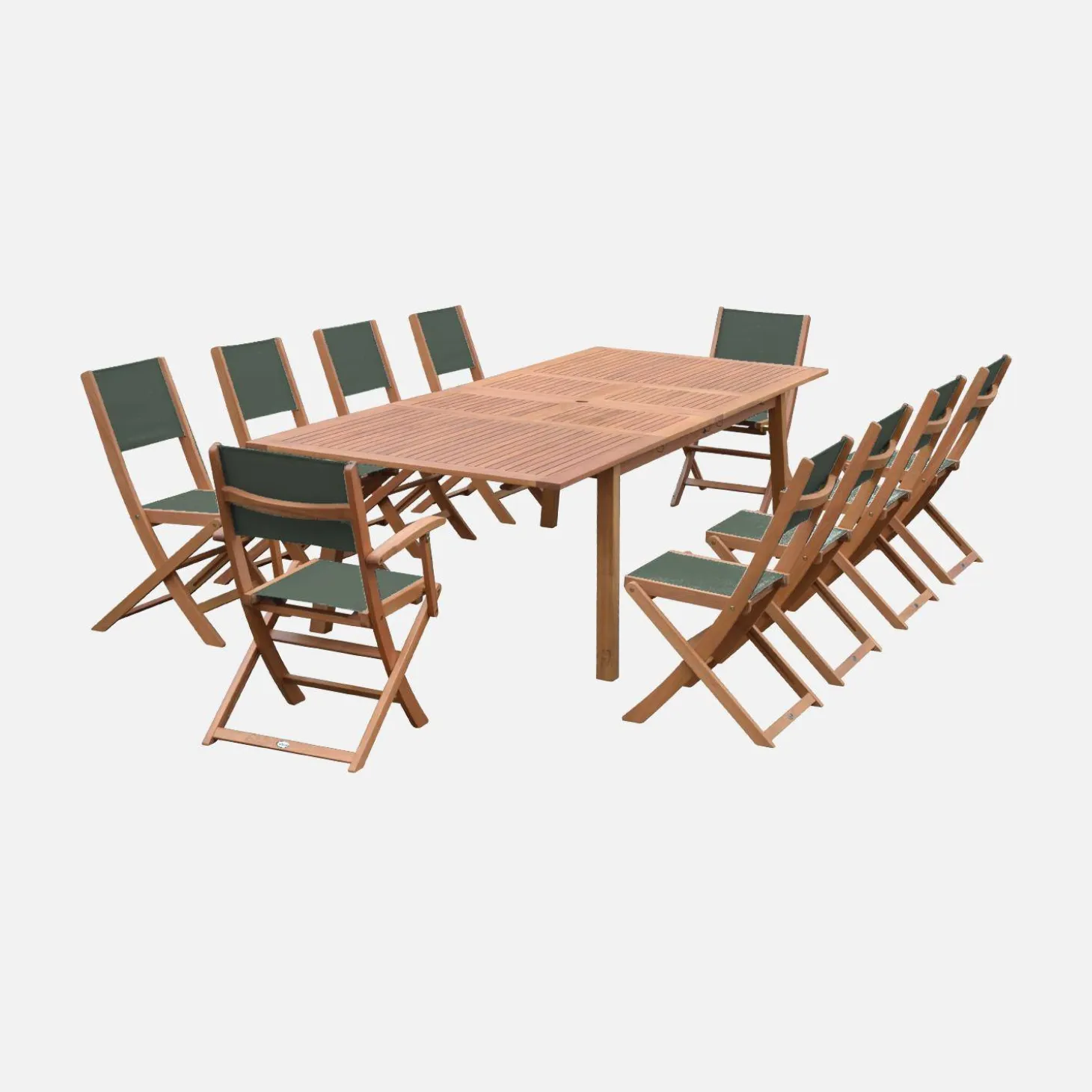 Conjunto de jardim com mesa extensível em madeira com 10 cadeiras