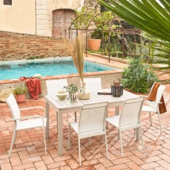 Conjunto de jardim com mesa extensível em alumínio com 4 cadeiras e 2 poltronas
