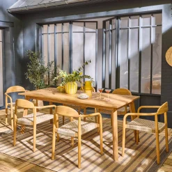 Conjunto de jardim com mesa extensível em madeira de acácia com 6 cadeiras