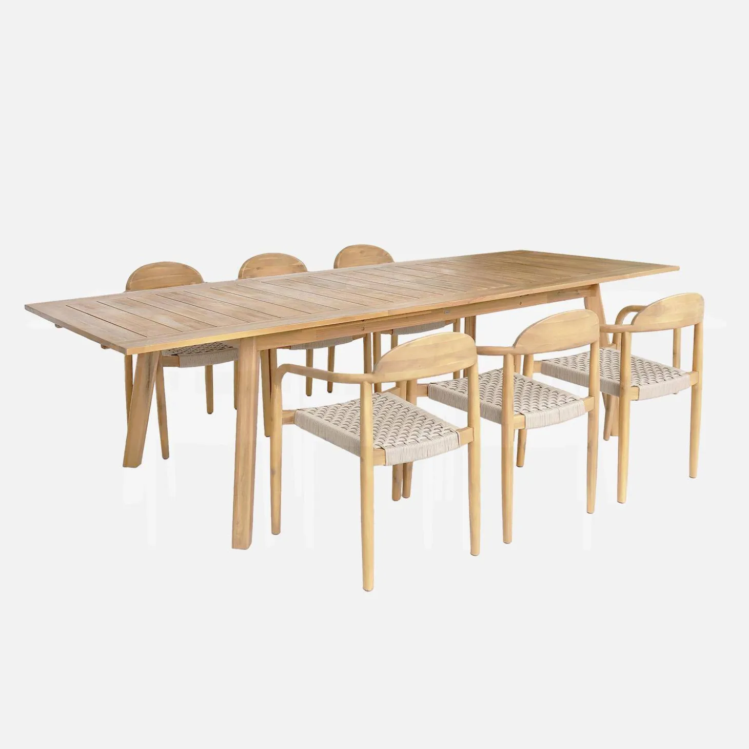 Conjunto de jardim com mesa extensível em madeira de acácia com 6 cadeiras