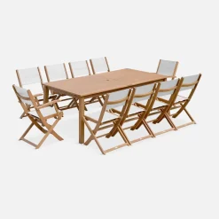 Conjunto de jardim com mesa extensível em madeira com 10 cadeiras