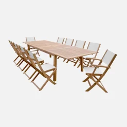Conjunto de jardim com mesa extensível em madeira com 10 cadeiras