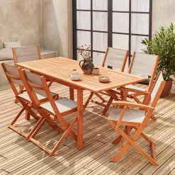 Conjunto de jardim com mesa extensível em madeira com 6 cadeiras