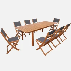Conjunto de jardim com mesa extensível em madeira de eucalipto com 8 cadeiras