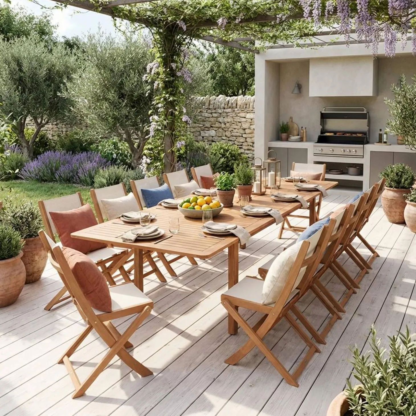 Conjunto de jardim com mesa extensível em madeira de eucalipto com 12 cadeiras