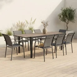 Conjunto de jardim com mesa extensível em alumínio efeito madeira com 8 cadeiras