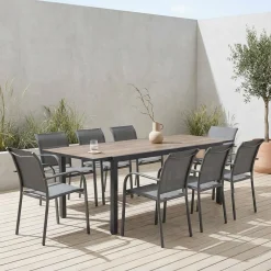 Conjunto de jardim com mesa extensível em alumínio efeito madeira com 8 cadeiras