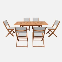 Conjunto de jardim com mesa extensível em madeira de eucalipto com 6 cadeiras