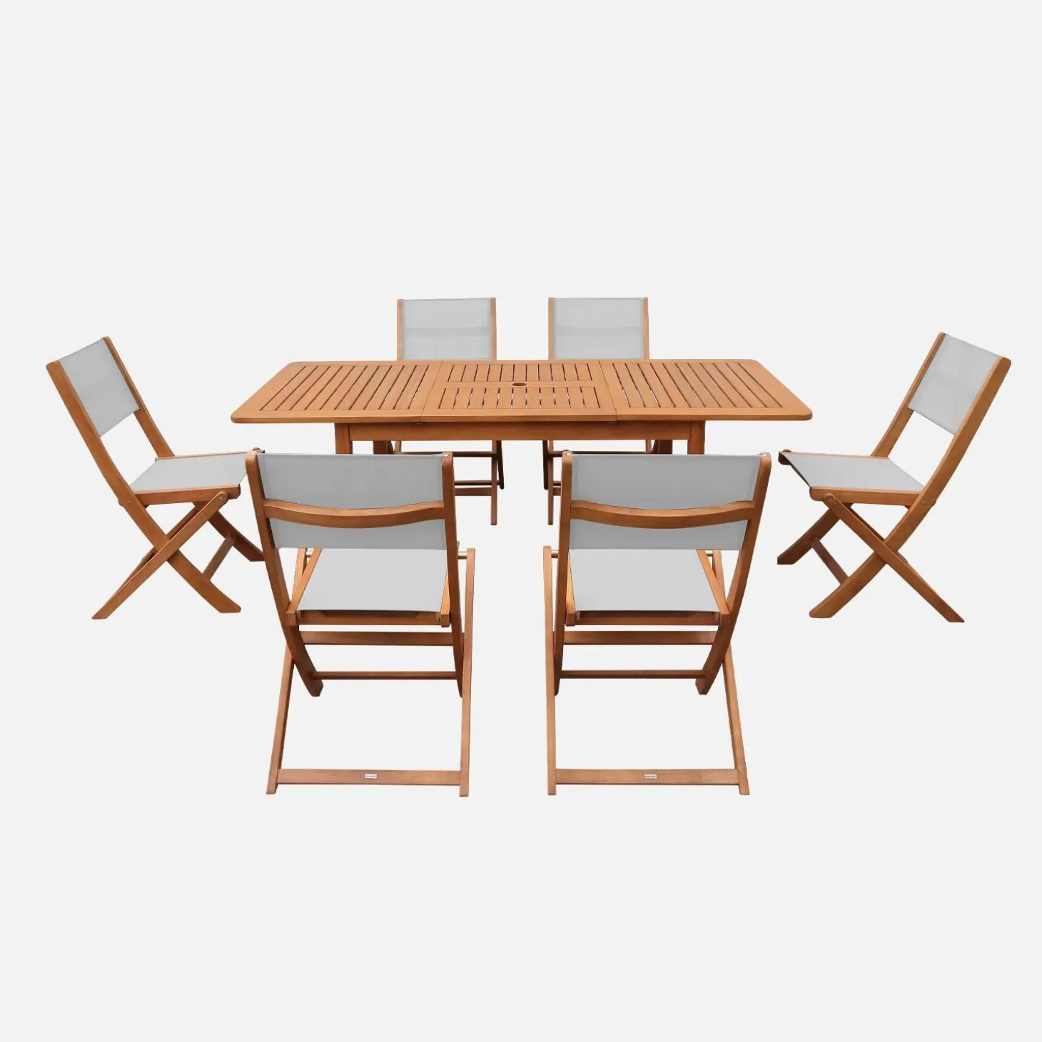 Conjunto de jardim com mesa extensível em madeira de eucalipto com 6 cadeiras