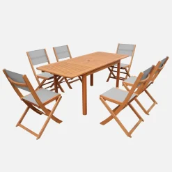 Conjunto de jardim com mesa extensível em madeira de eucalipto com 6 cadeiras