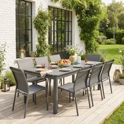 Conjunto de jardim com mesa extensível em alumínio com 8 cadeiras