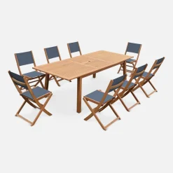 Conjunto de jardim com mesa extensível em madeira com 8 cadeiras
