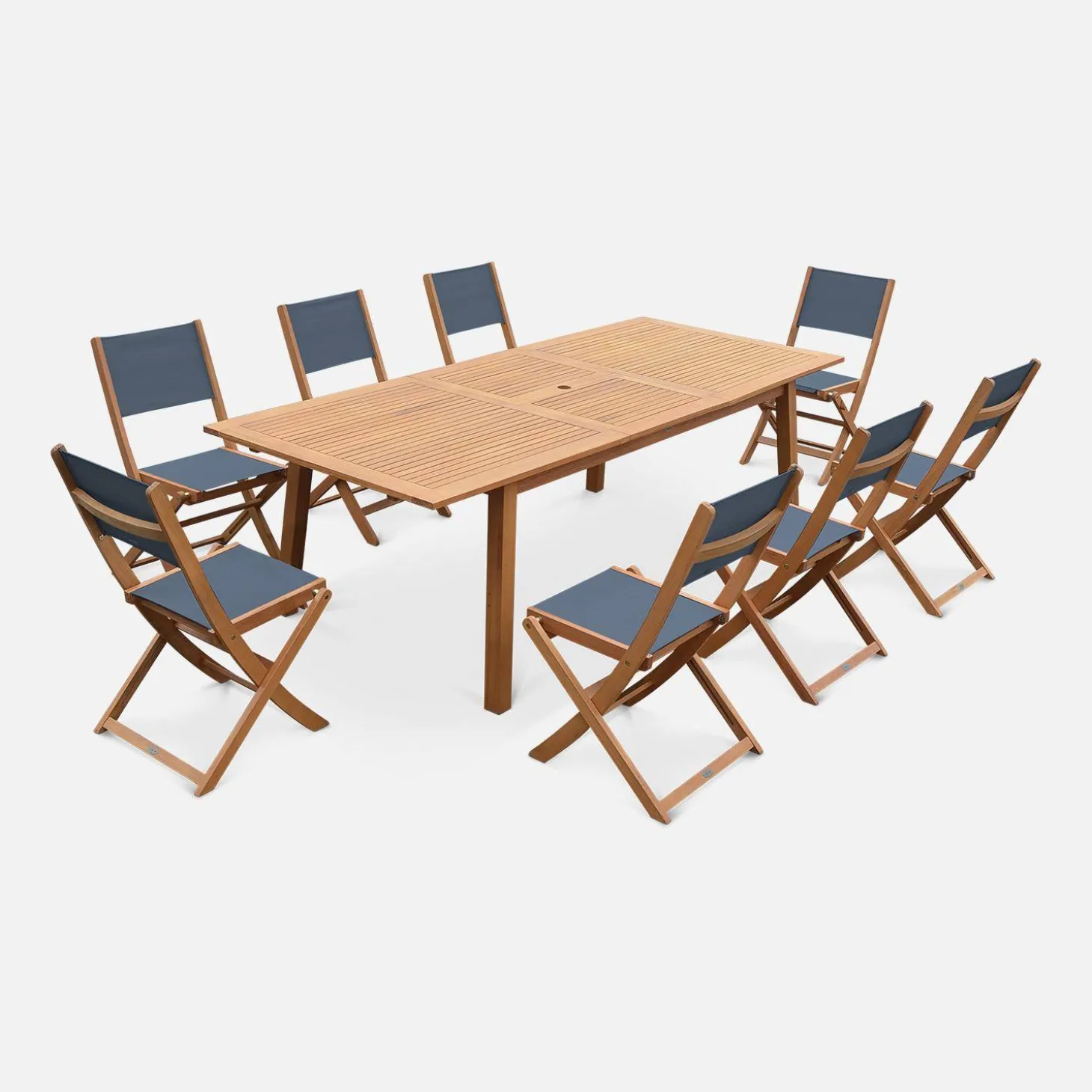 Conjunto de jardim com mesa extensível em madeira com 8 cadeiras