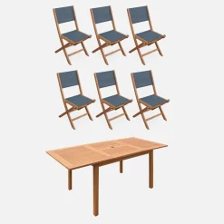 Conjunto de jardim com mesa extensível em madeira de eucalipto com 6 cadeiras