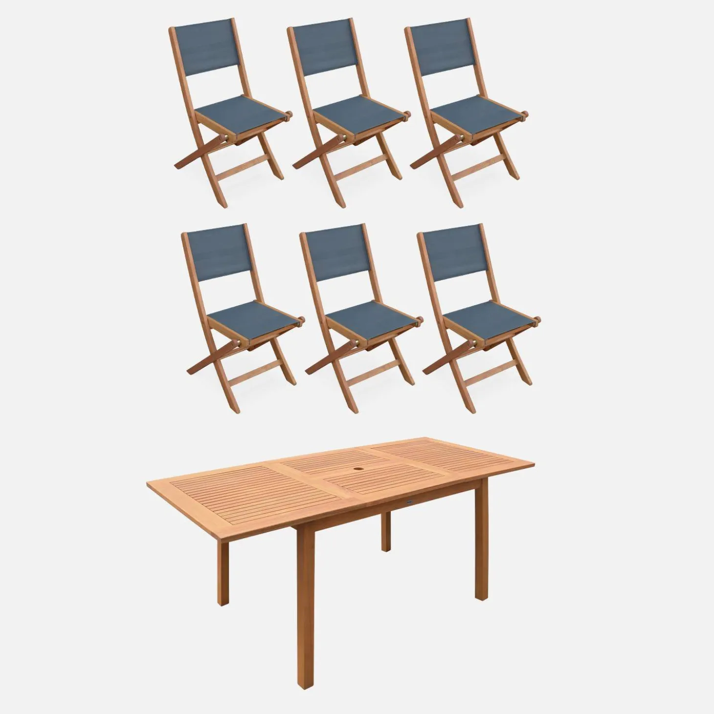Conjunto de jardim com mesa extensível em madeira de eucalipto com 6 cadeiras