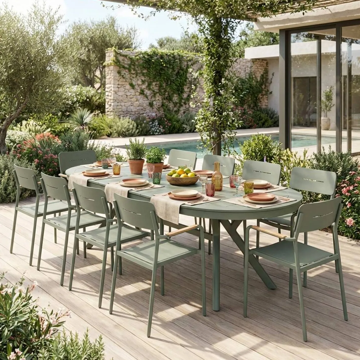Conjunto de jardim com mesa oval extensível em alumínio com 10 cadeiras