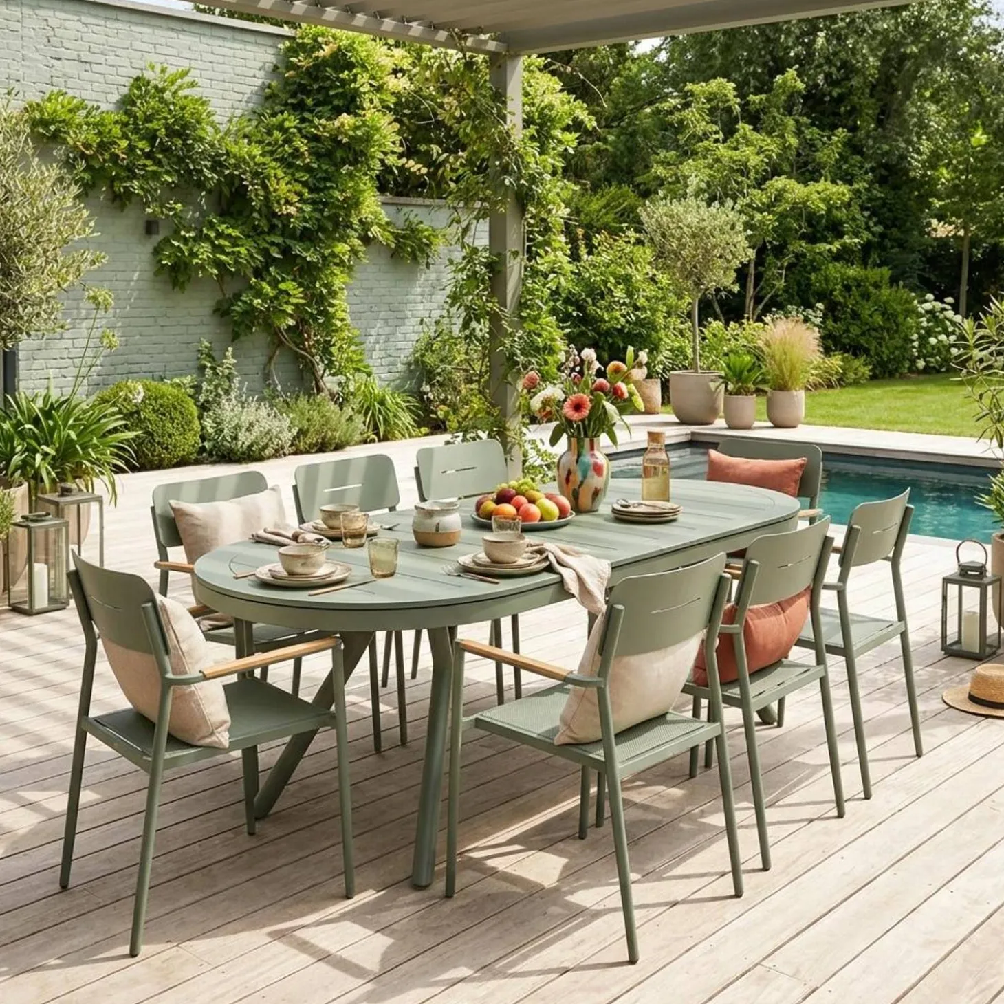 Conjunto de jardim com mesa oval extensível em alumínio com 8 cadeiras