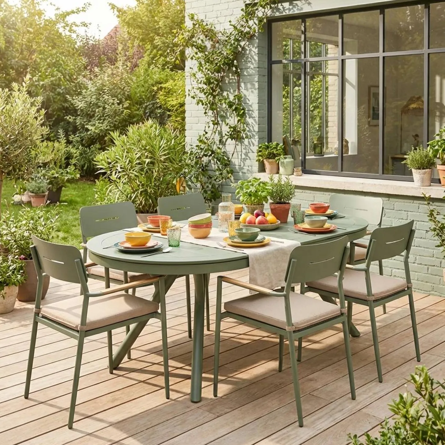 Conjunto de jardim com mesa oval extensível em alumínio com 6 cadeiras