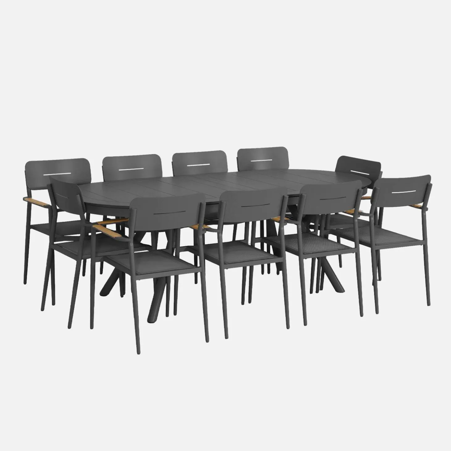 Conjunto de jardim com mesa oval extensível em alumínio com 10 cadeiras