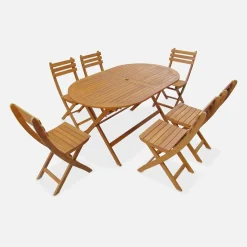 Conjunto de jardim com mesa oval dobrável em madeira com 6 cadeiras