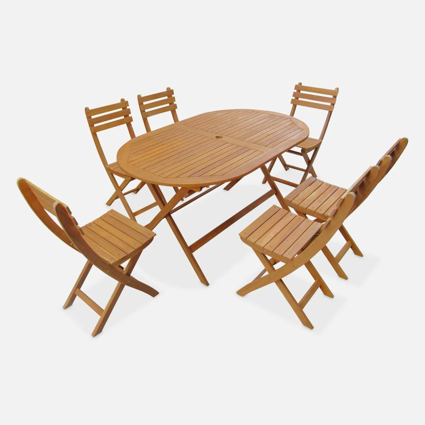 Conjunto de jardim com mesa oval dobrável em madeira com 6 cadeiras