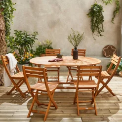 Conjunto de jardim com mesa oval dobrável em madeira com 6 cadeiras