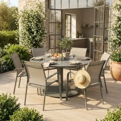 Conjunto de jardim com mesa redonda em alumínio com 6 cadeiras